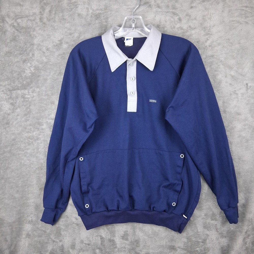 Vtg Russell Athletic knit Polo Sweatshirt Mens Large Navy Pocket USA Made 90s